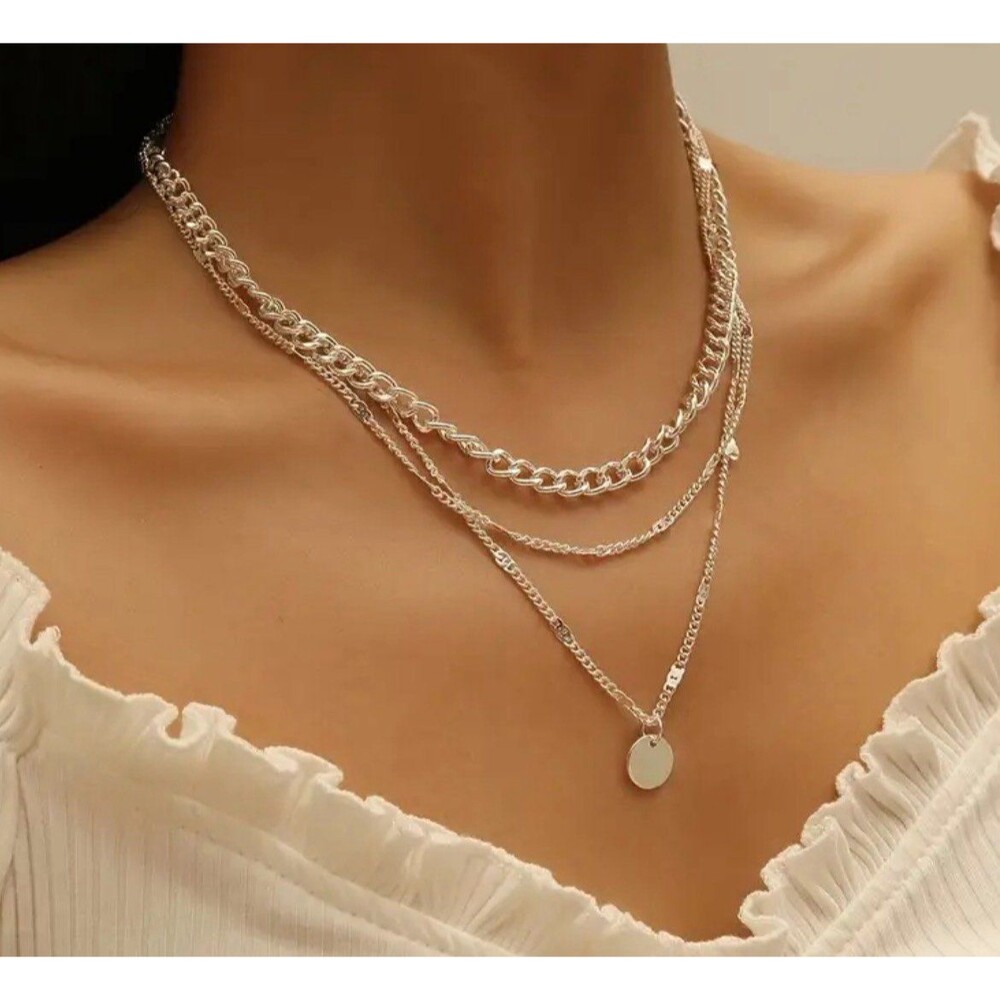 14K Plated Stylish Round Tag Multilayer Necklace Delicate Necklace For Women